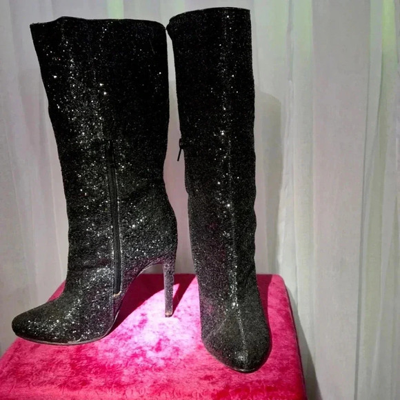 JUSTFAB black sparkle stiletto mid calf boots  size 7.5 us - Picture 3 of 5